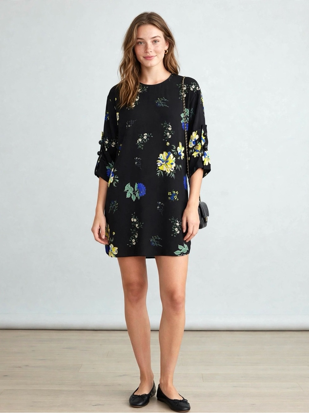 MANGO Floral Shift Mini Dress Ruched Buttons Sleeves Black Sz 6